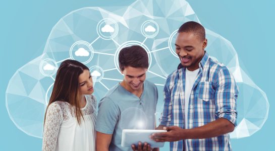 colleagues-using-digital-tablet-against-cloud-computing-concept-background
